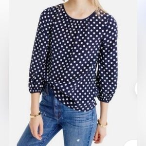 J CREW 100% Silk Navy Blue Polka Dot Blouse SZ 6